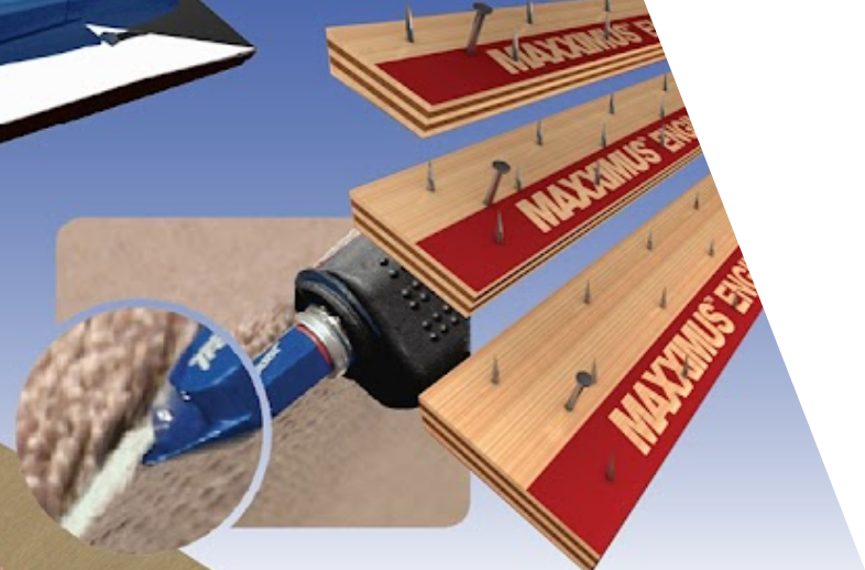 Illustration of MAXXIMUS tack strips and adhesive application on carpet seam